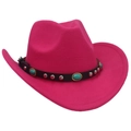 Détail d'un chapeau de cowboy en feutre rose avec clous turquoise et bande noire - M (56-58cm) / Rose Éclatant (Cowboy Turquoise)