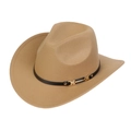 Khaki Western cowboy hat with black leather strap and gold buckle in 45-degree view - M (56-58cm) / Camel (169-E)