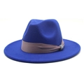 Close-up of navy wool fedora hat with brown ribbon and rhinestone buckle detail - Sapphire Blue
