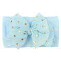 Light blue nylon baby headband featuring a large gold polka dot mesh bow decoration - Blue