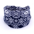 Navy blue and white ethnic geometric pattern wide stretch headband for women - 53-Blue White Geometric