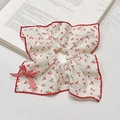 Cream plaid scrunchie with red cherry pattern and decorative bow for women - Cream Red Cherry Check Bow