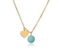 Detail of heart-shaped gold charm and turquoise bead on a delicate link chain necklace - 10MM Bead / Gold-Turquoise Zirconia