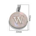 Silver stainless steel round letter W pendant with white shell inlay, size 22mm x 32mm - Steel W