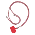 Detail of adjustable red and blue braided phone lanyard with metallic buckle and red pad - Red Patch + Red Rainbow Rope