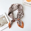 Women's silk square scarf with brown rose floral print and warm orange border - White and Brown Small Roses