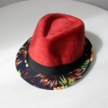 Kids vintage red suede jazz hat with black band and floral print brim for outdoors - Red Velvet Floral