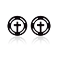 Detailed view of black round cutout cross earrings with polished finish and reflection - Round Hollow Cross / Black