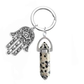 Detail of Hamsa Hand and Dalmatian Jasper hexagonal pendant on silver keychain - Dalmatian Jasper