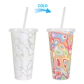 710ml color changing cold cup with straw showing multi-color camo pattern when cold - 701-800ml / Psychedelic Pattern (Transparent)