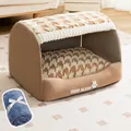 Brown semi-enclosed pet house with wavy roof and blue flannel blanket for dogs and cats - S (35*30*30cm) / + Flannel Blanket / Lomi Brown