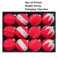 Set of 12 red 8cm velvet Christmas balls with glitter and geometric patterns - Red