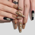 Long square Halloween press on nails featuring spider patterns, rhinestones and gold glitter - Nude Black Gold Spider Rhinestone Glitter Style (JP1526)