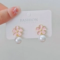 Pink sakura flower drop earrings with white pearls and gold trim finish - No.72 Pink Sakura Pearl (XXX6666)