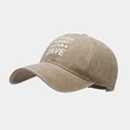 Detail of embroidered Dave quote and star on vintage washed khaki cotton baseball cap - Adjustable / Khaki