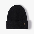 Women's black knit beanie featuring a fuzzy texture and gold rhinestone M-letter badge - One Size / Black