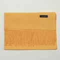Detail of yellow cashmere scarf showing neat fold, soft texture and branded woven label - 70cm / Beige Yellow