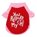 Detail of red and pink pet t-shirt with YOU RESCUED MY slogan and heart paw print - Red Patchwork