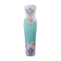 Detailed view of mint green strapless maxi dress with large floral patterns and slim fit - Green