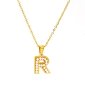 Elegante goldene Titanstahl-Halskette mit einem perlenbesetzten Buchstaben-R-Anhänger - Buchstabe R (SP723G-R)