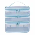 Light blue triple-layer mesh toiletry bag with zipper closures and top handle - Triple Layer / Sky Blue