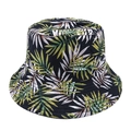 Detail of tropical palm leaf print on black cotton bucket hat with reinforced brim stitching - One Size (56-60cm Adjustable) / Green Maple Leaf Print