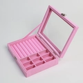 Pink velvet jewelry box with clear lid featuring ring slots and nine compartments - 9 Grids + Ring Slots / Pink