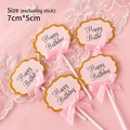 Set of 5 pink birthday cake toppers with gold glitter edge and silk ribbons - Pink Topper with Text - 5 Pcs