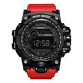 Detail view of digital sport watch with black case, red fabric strap and world time dial - 55-66F Red