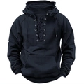 Retro men's long sleeve hooded t-shirt with lace-up collar and kangaroo pocket in navy - 3XL / Tops / Black (Lace-up)