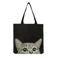 Primer plano del bolso de lona negra con estampado de gato realista y asas de cinta planas - Gatito Asomado (hm1300)