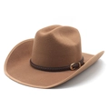 Close-up of brown felt cowboy hat featuring a braided leather band and gold buckle - M (56-58cm) / Khaki