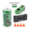 Mini RC car set in green with remote control and orange traffic cones in soda can packaging - Green