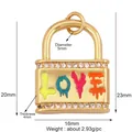 Gold plated padlock pendant with LOVE graffiti and cubic zirconia accents 23mm size - Colorful LOVE Lock / Gold
