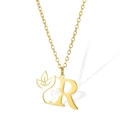 Gold stainless steel necklace featuring letter R with profile silhouette and leaf detail - Letter R