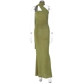 Detail view of olive green ruched midi dress with asymmetric neckline on model - S / Green