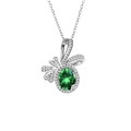 Silver pendant necklace featuring an oval green gemstone with white diamond ribbon details - Green Diamond Necklace Xl-112