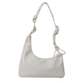 Minimalist cream white crescent shoulder bag with ruched handle and ribbon detail - White