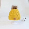 Yellow knit baby winter hat with large fur pompom and cute bear patch detail - Bear Label Single Hat / Yellow