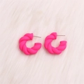 Exaggerated twist C-shape earrings in matte neon pink acrylic with a textured finish - Rose Red Twisted