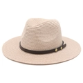 Classic beige woven straw fedora hat for summer beach wear with a brown leather band - M (56-58cm) / Pink