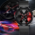 Men's car wheel rim watch with black mesh strap and red brake caliper racing design - T37 Black Mesh Strap Hub Red