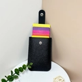 Black litchi grain PU leather pull-out card holder with secure metal snap closure - Black