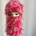 Pink and white fuzzy knit balaclava mask shown on a head model with plush texture - One Size / Red Pink
