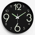 25cm silent luminous wall clock with black frame and glowing green numbers in the dark - 12 Inch / Round Font Black Dial Black Frame
