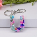 Colorful resin letter U keychain with shell fragments and silver metal lobster clasp - Letter U