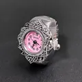 Retro quartz ring watch featuring a vibrant pink dial and silver scalloped metal band - Pink