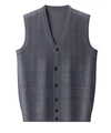Detail of men's grey checkered knit vest featuring V-neck, buttons and front pockets - Medium Grey