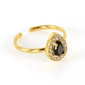 Bague dorée ajustable avec pierre noire taillée en poire et contour en zircons - Ouvert Réglable / Zircon Noir