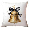 White Christmas pillow cover with golden bell and black bow tie print design - Large Golden Bell